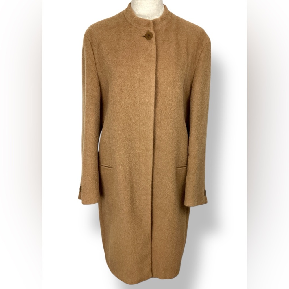 Giorgio Armani Camel Tan Wool Blend Funnel Neck Trench Coat